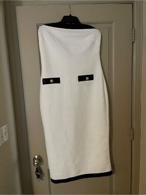 Fashion Nova White Strapless Sheath Dress with Black Accents